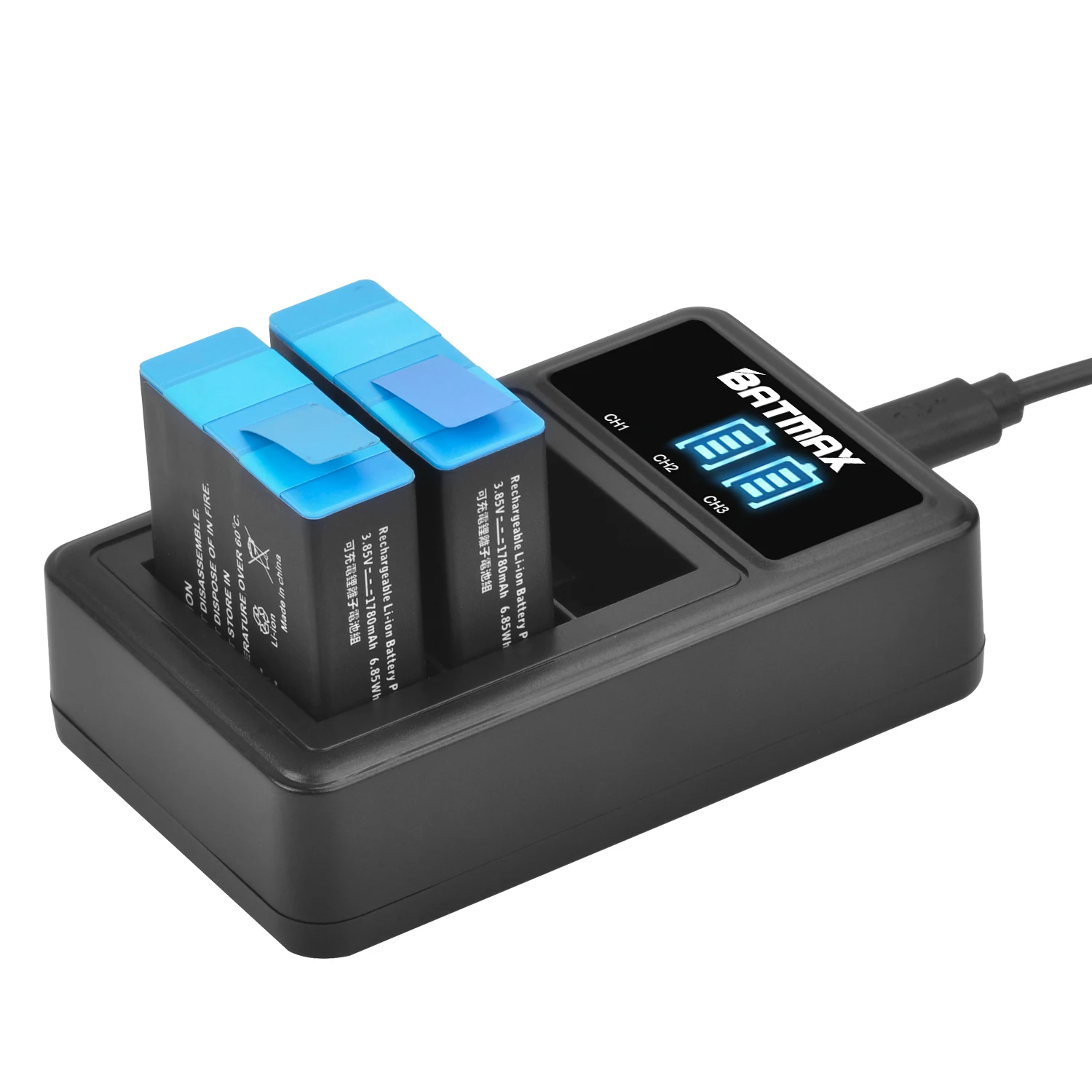 Batterie Batmax 1780 mAh pour GoPro fore9 fore10 11 12 caméras + chargeur USB LED 3 fentes noir avec stockage de batterie