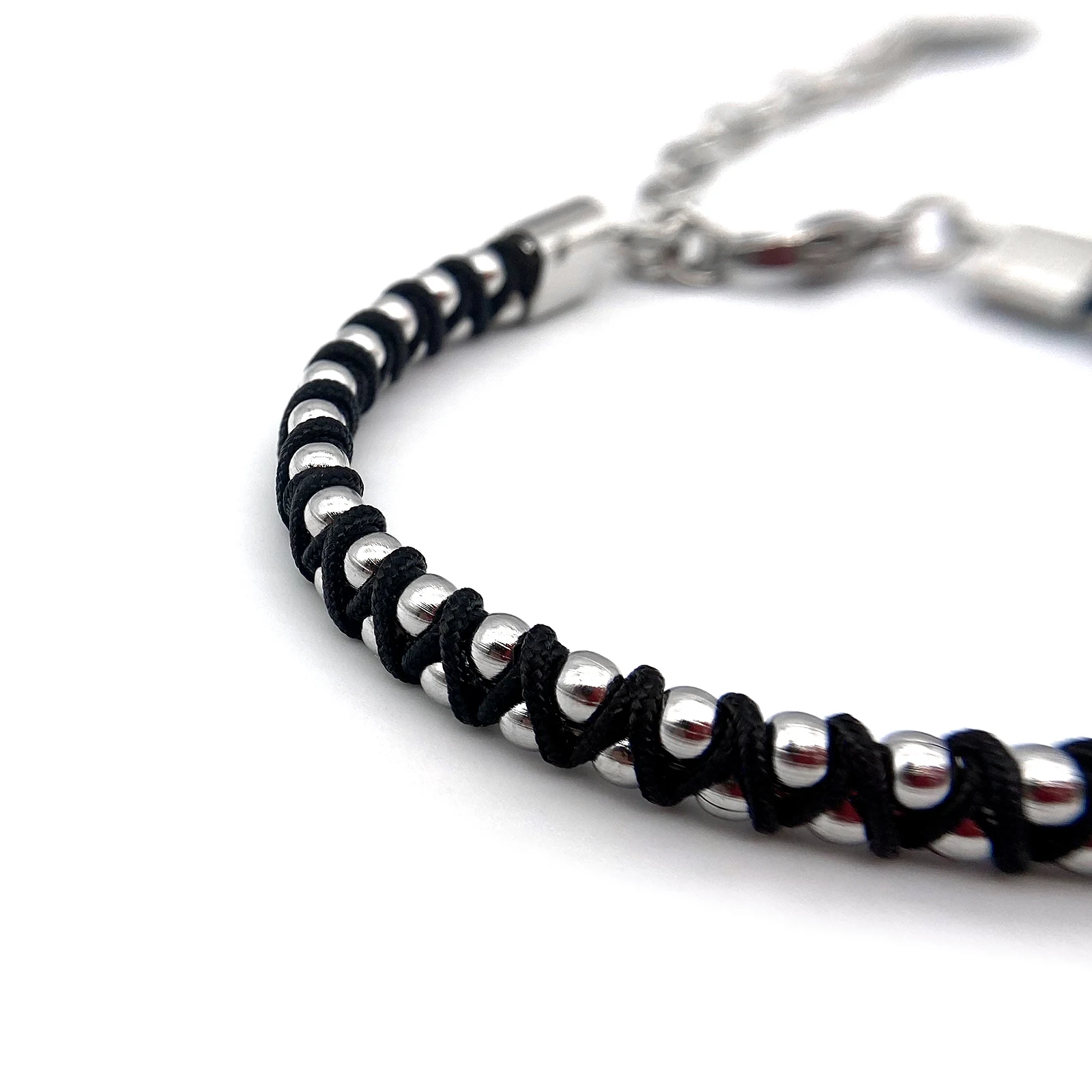 Runda-pulsera trenzada para hombre y mujer, brazalete con cuentas de acero inoxidable, cuerda negra, tamaño ajustable, 22cm, hecho a mano