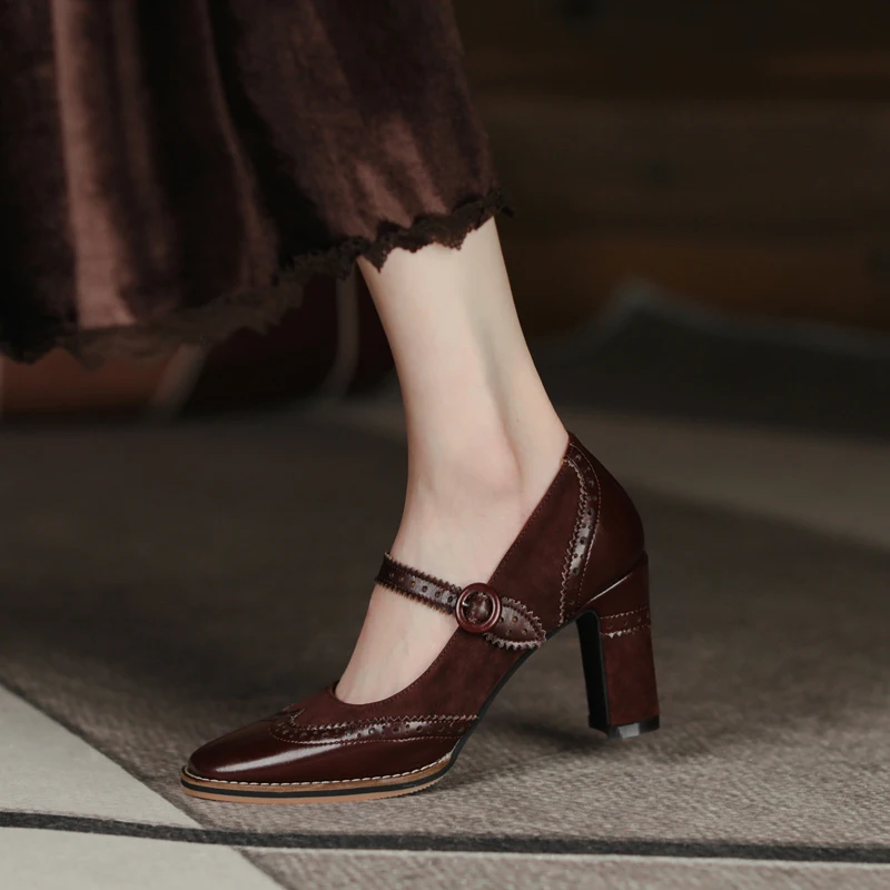 Women pumps natural leather shoes 22-25cm length Brogues shoes Cowhide + sheep suede Mary Jane shoes heels for women