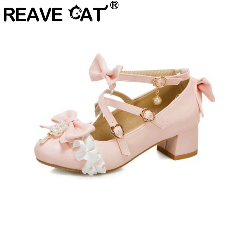 

REAVE CAT Ladies Sweet Japanese Lolita Cosplay Pumps Lace Round Toe Square Heels 4cm Buckle PU Big Size 28-48 Party Autumn A3263