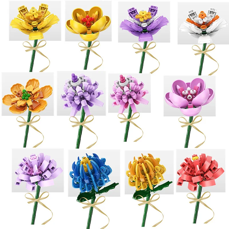 Single Flower Leaf Rose Sunflower Camellia Ceiba Building Block Bouquet Toy Child Creative Gift Interior Decoration Girl