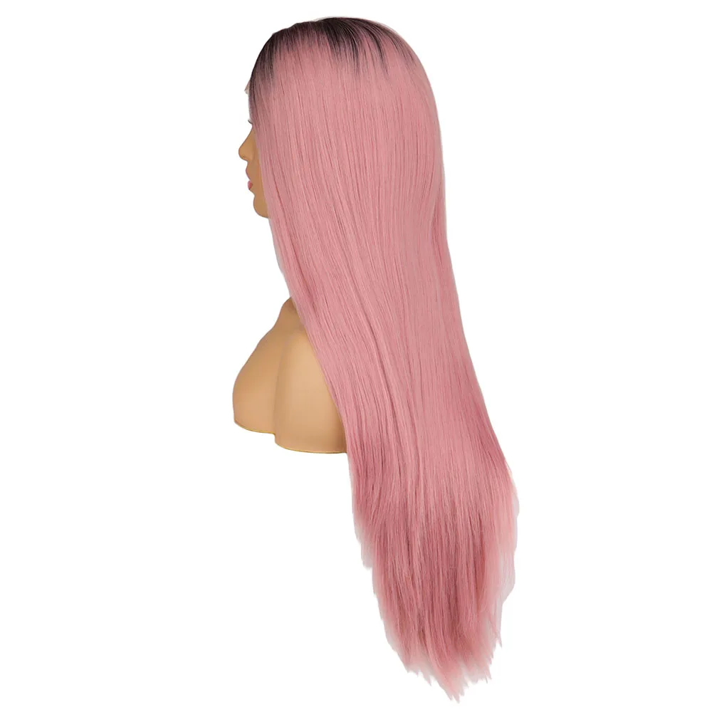 QQXCAIW Straight Lace Wig Natural Synthetic Hair Ombre Pink Cosplay Lace Wigs For Women Perruques Dentelle Synthétiques