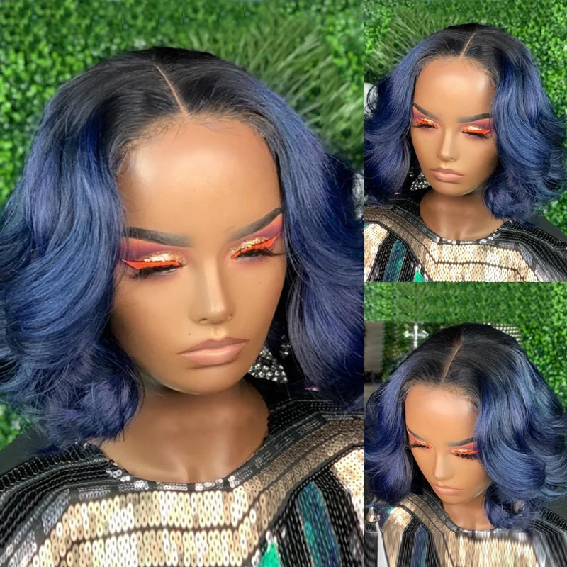 

Loose Wave Short BOB Wig Ombre 1B/Blue Lace Front Human Hair Wigs Pre Plucked Brazilian Remy Hair 180% Dark Blue Wavy Lace Wigs