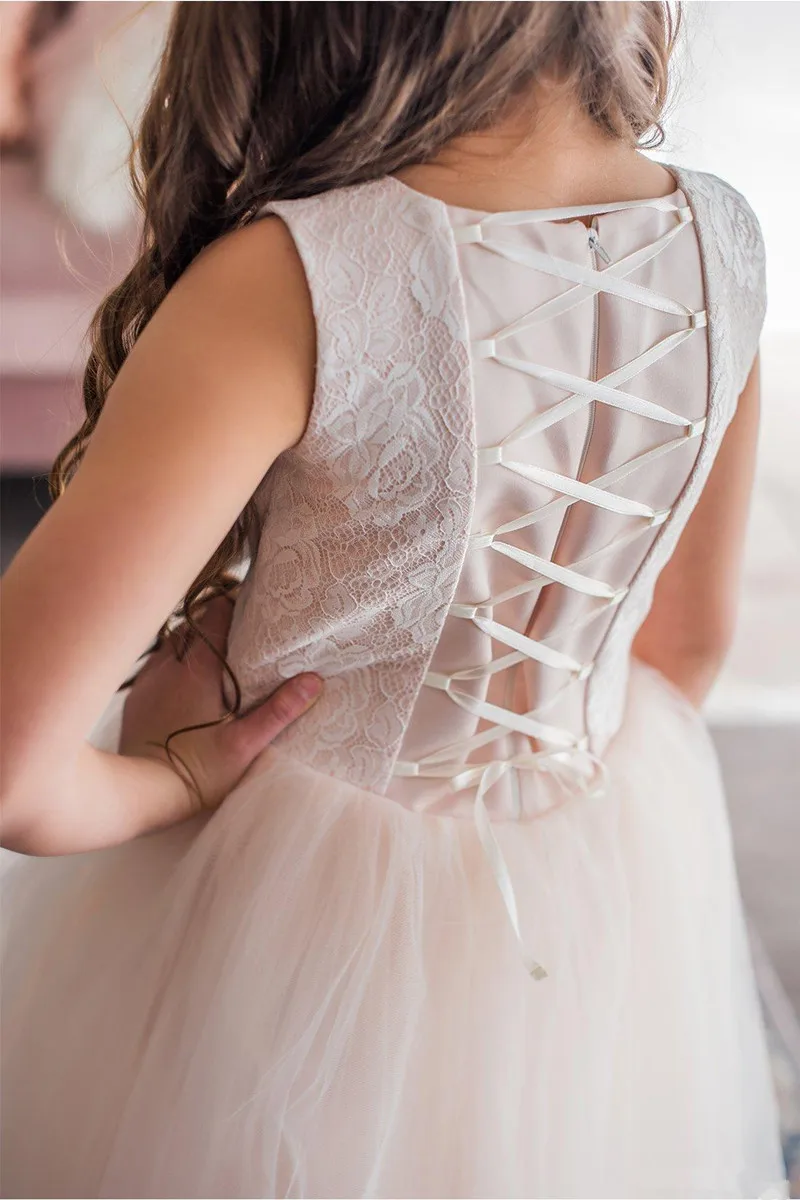 Vestido de flores para niña, vestido de novia fruncido, con cuello de Joya, sin mangas, Apliques de encaje de tul, vestido de fiesta de cumpleaños para niña