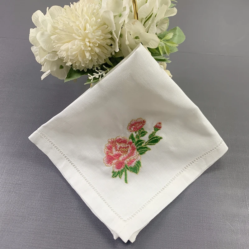 12 PCS Wedding Handkerchief White Pure Ramie Fabric Handkerchief Rose Embroidered 13X13 inch