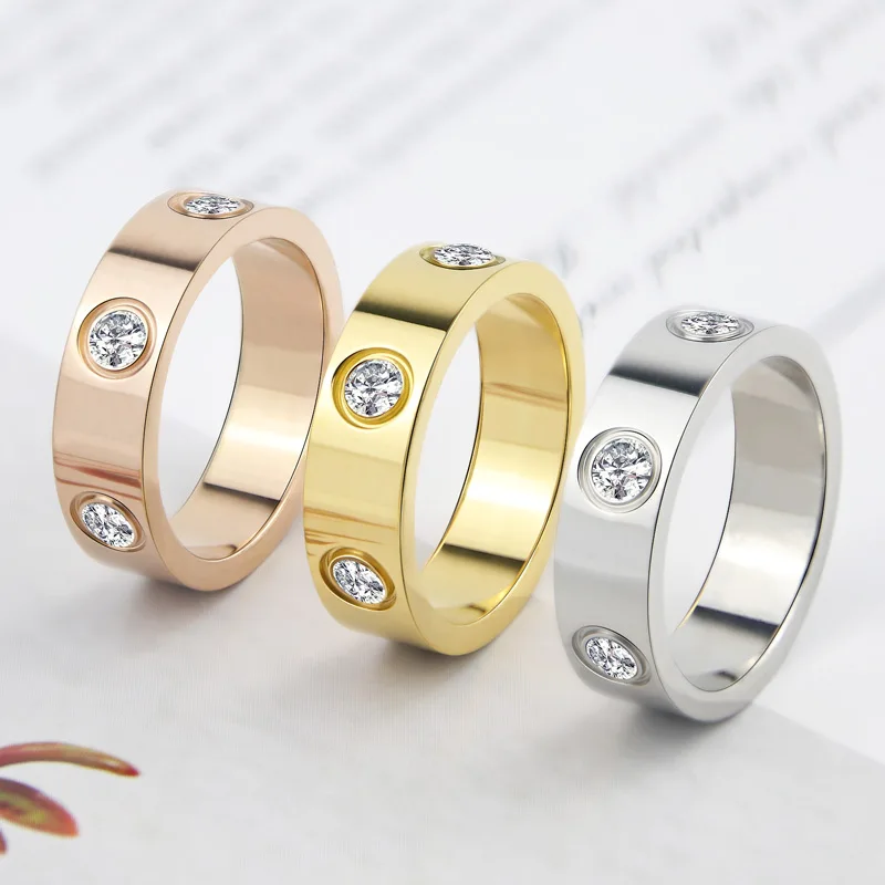 Luxury Shiny 6 Crystal Love Ring Stainless Steel High Quality Gold Color Brand Jewelry For Women Engagement Gift