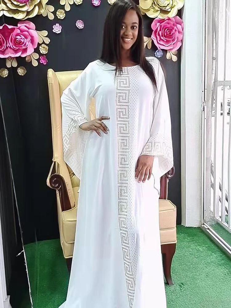 Solid Winter African Dresses For Women 2021 Muslim Maxi Dress Floor-Length Ethnic Style Diamonds Long Sleeve Femme Robe Abaya