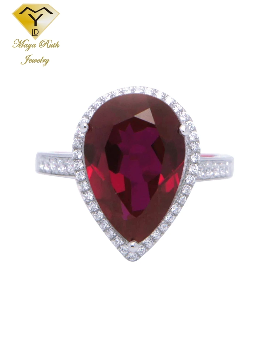 Gemaakt Ruby Real Echt 925 Sterling Silver Party Cocktail Ring Voor Vrouwen Peer Druppelvorm Imitatie Rode Edelsteen Vrouwelijke Geschenken