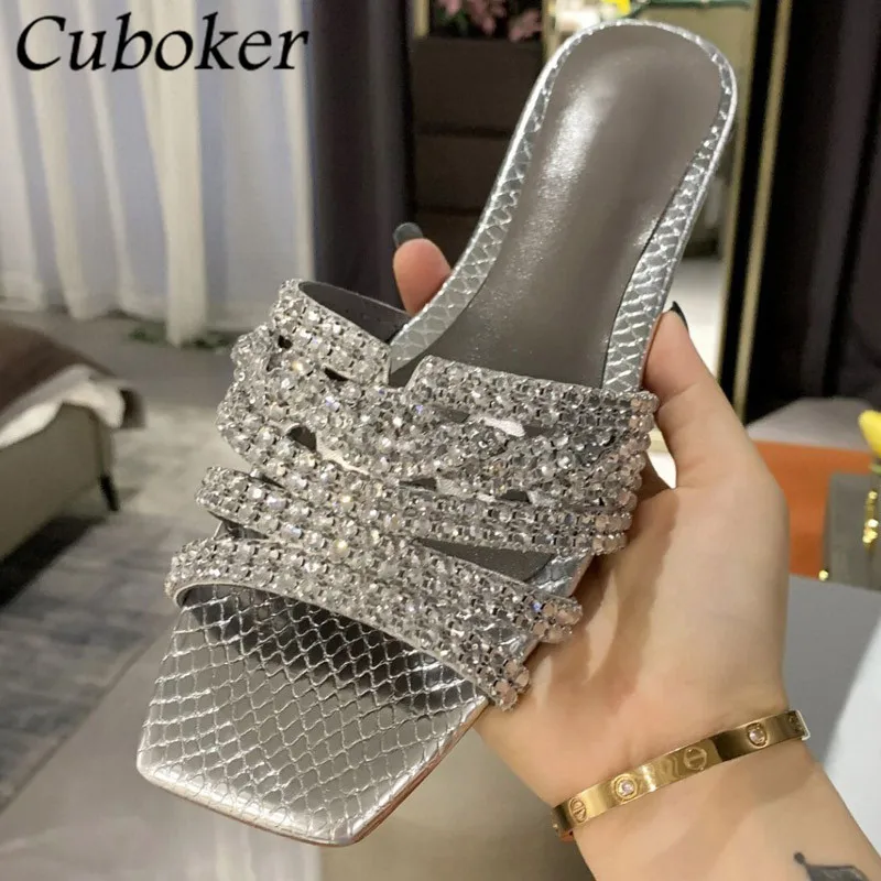 Brand Runway Square Toe Women Crystal Slippers Rhinestone Female Slides Flat With Bling Slippers Summer Party Dress Shoes Women