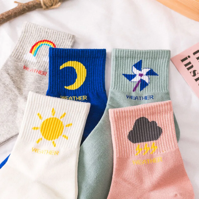 2021 New Fashion Korean Women Style Long Socks Meia Fun Sun Moon Windmill Rainbow Pattern Cotton Socks Cartoon Weather Socks