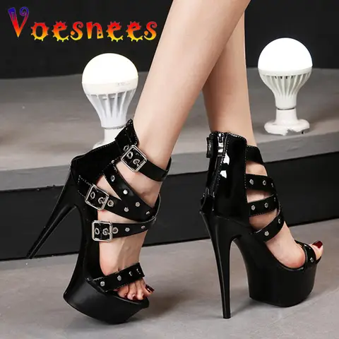 2025 Summer New Women Sexy Platform High Heels 15CM Pole Dancing Rivet Sandals Ankle Strap Cover Heel Exotic Zipper Dancer Shoes