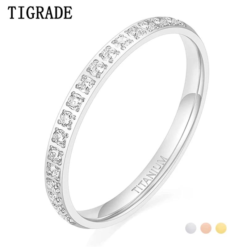 TIGRADE 2mm Women Ring Titanium Eternity Ring Half Cubic Zirconia Anniversary Wedding Engagement Band 18K Gold Plated