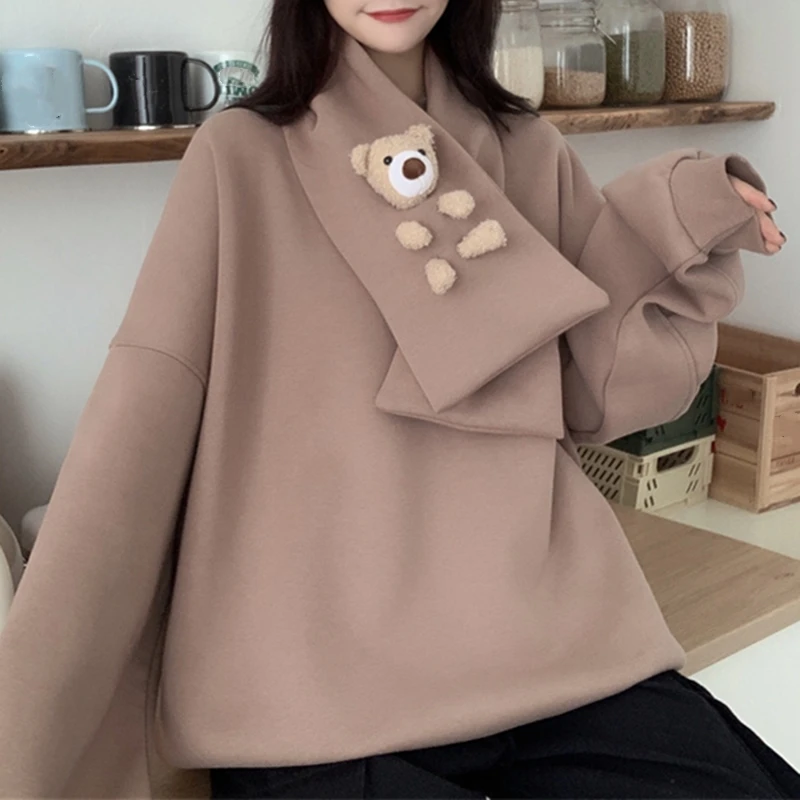

Thick Winter Women Round Neck Pullovers Long Sleeve Sweatshirts Hoodies Oversized Korean Loose Tops Hooded Streetwear Female