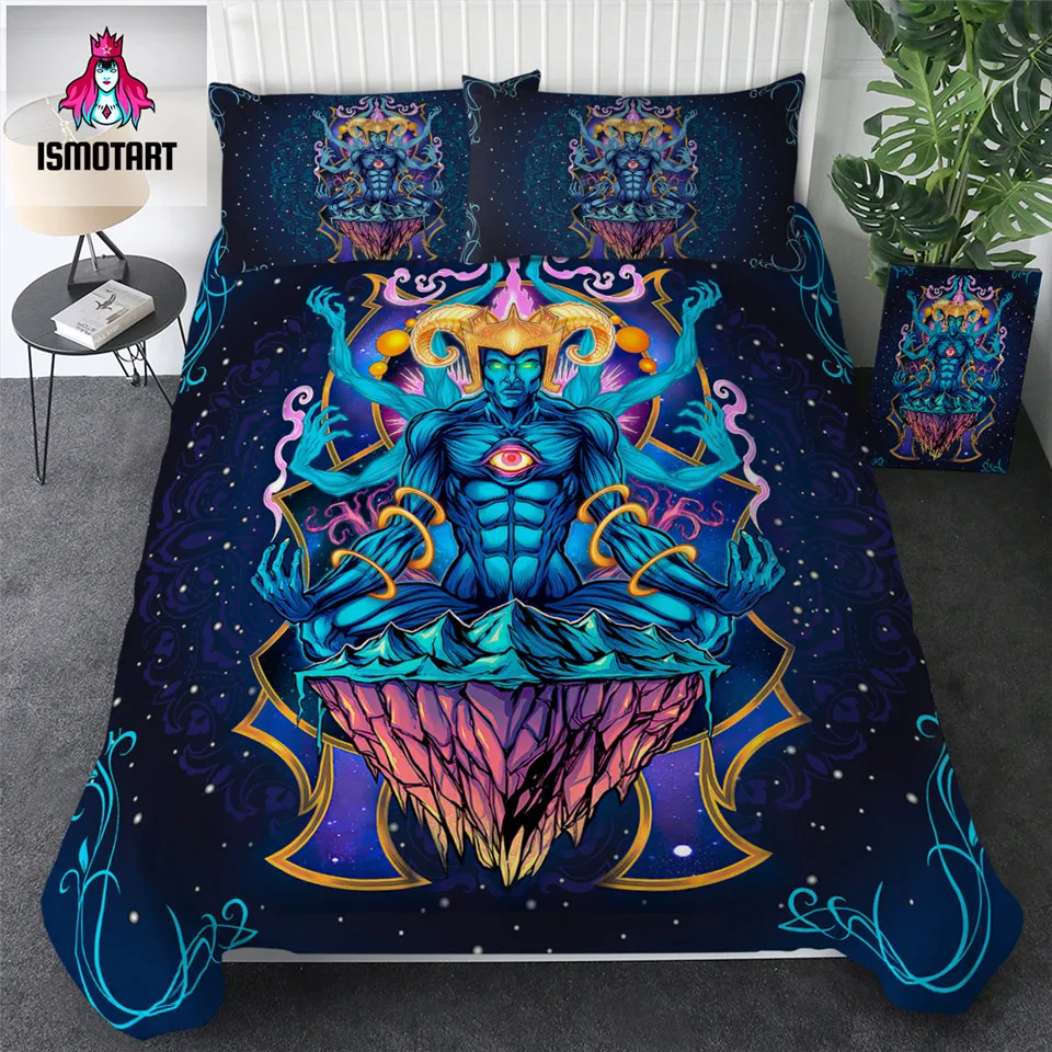 

Meditating God Flyland by Ismot Esha Bedding Set Psychedelic Comforter Cover Queen Size Blue Bed Set Sacred Bedspreads 3-Piece