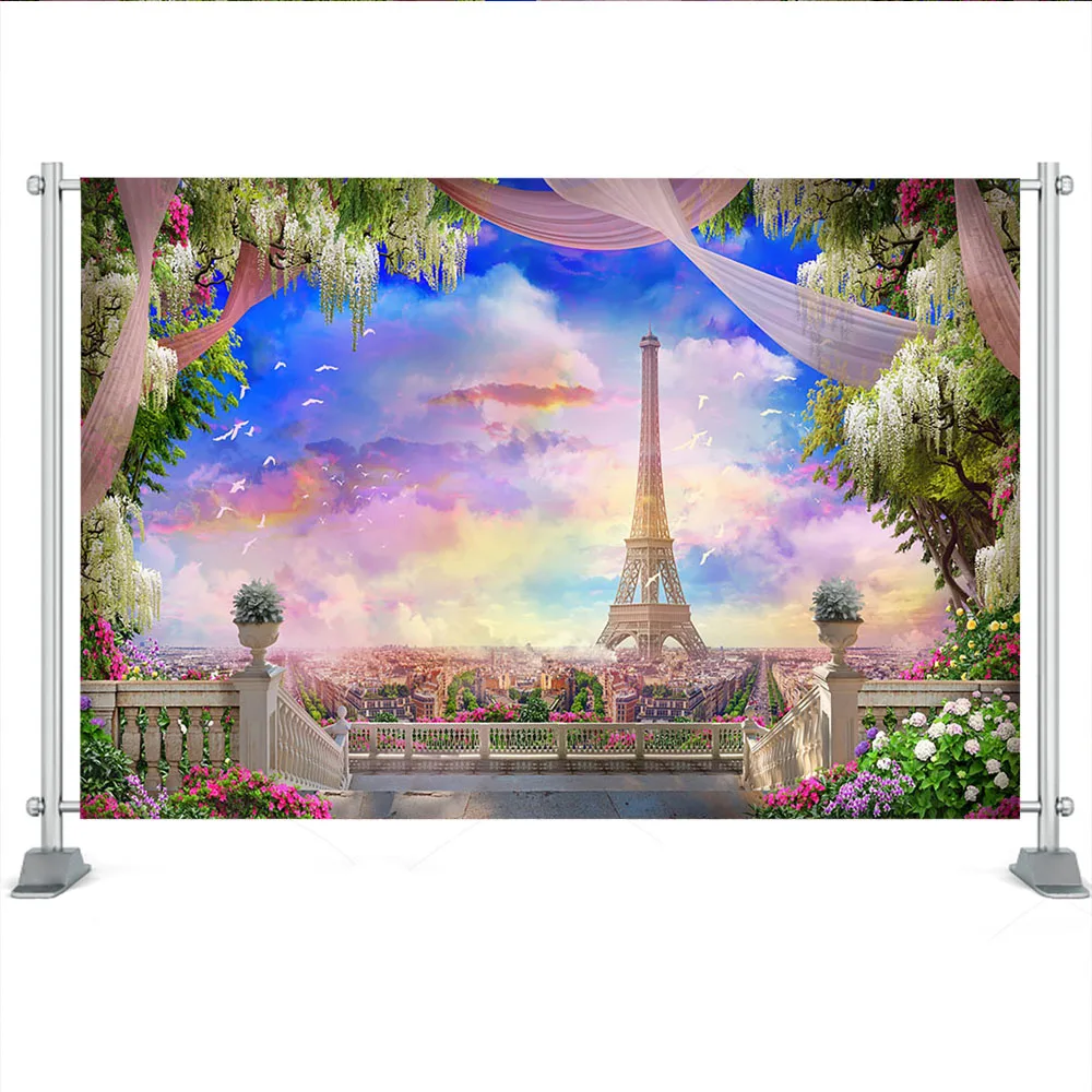 Paris Eiffel Tower Photography Background Balcony Girl Portrait Summer Adult Kids Party Backdrop Coulurful Sky Kids Photostudio