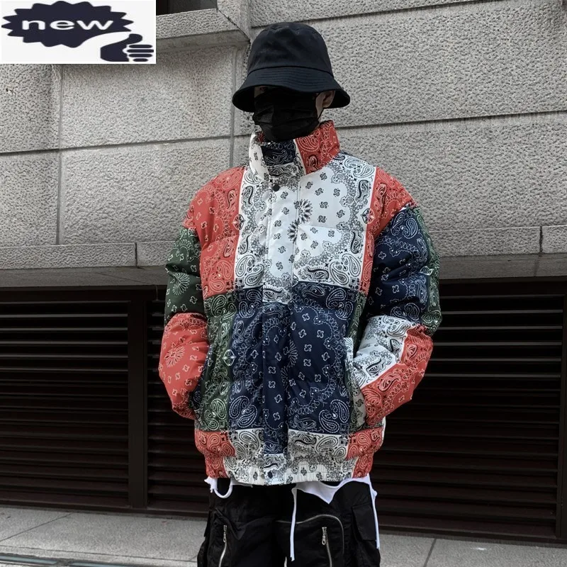 

Harajuku Mens Parkas Fashion Printing Stand Collar Casual Jacket Hip Hop Winter Thick Warm Overcoat Male Streetwear Cold Coat