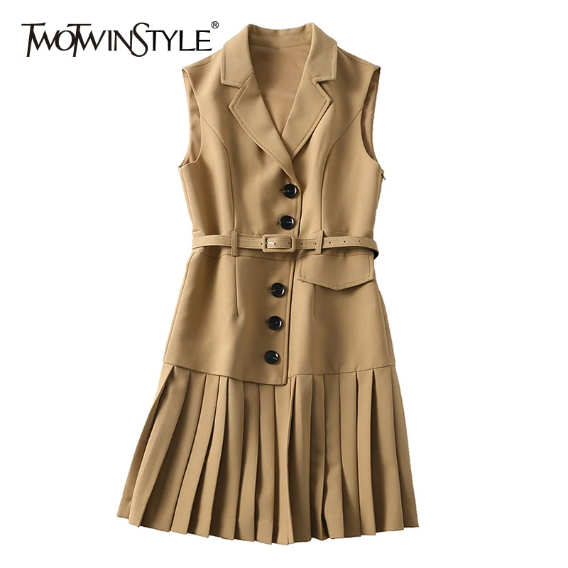 TWOTWINSTYLE Minimalist Patchwork Dress For Women Notched Collar Sleeveless High Waist Sashes Pleated Dresses Female 2021 New