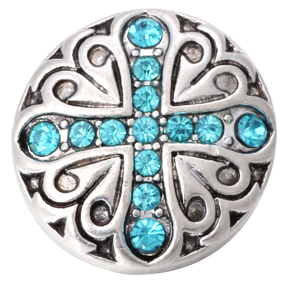 6pcs/lot Snap Button Jewelry Sky Blue Rhinestone Owl Cross Elephant Flower Snap Buttons Fit 18mm Snaps Jewelry Bracelets