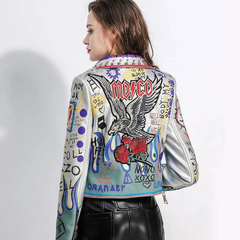 DJ Punk Leather Jackets for Women ,Floral and Eagle Embroidered Faux Leather Moto PU Jacket and Coat With Rivets