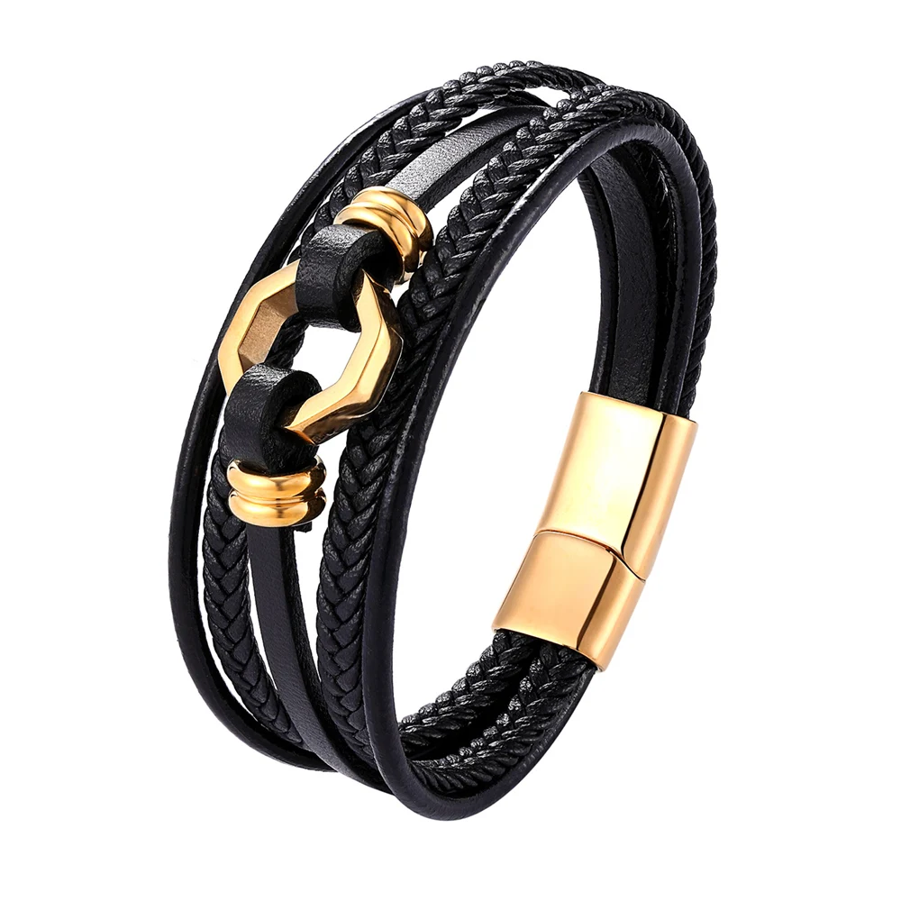 New Multi-layer Style Hand-woven Accessories Combination Stainless Steel Bracelets Men Leather Bracelet Gold Steel Color Jewelry