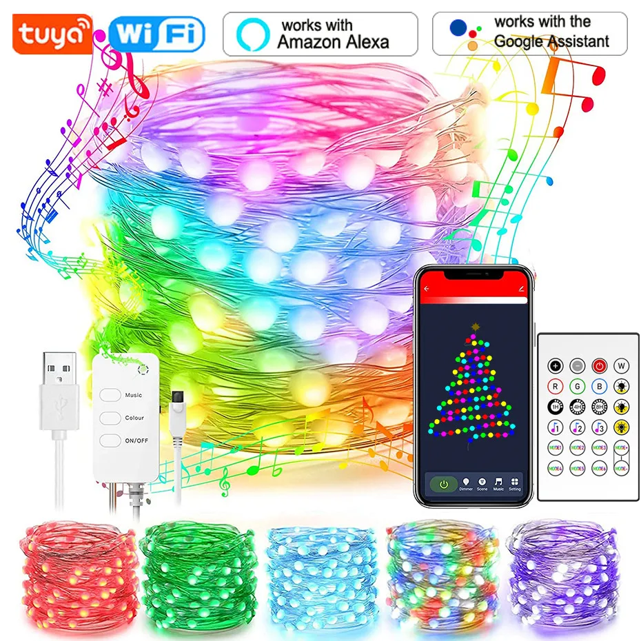 WiFi Smart LED Fairy Lights RGBIC Garland Lamp Strip Tuya APP Control Work With Alexa Dreamcolor For Room Christmas Tree Decor