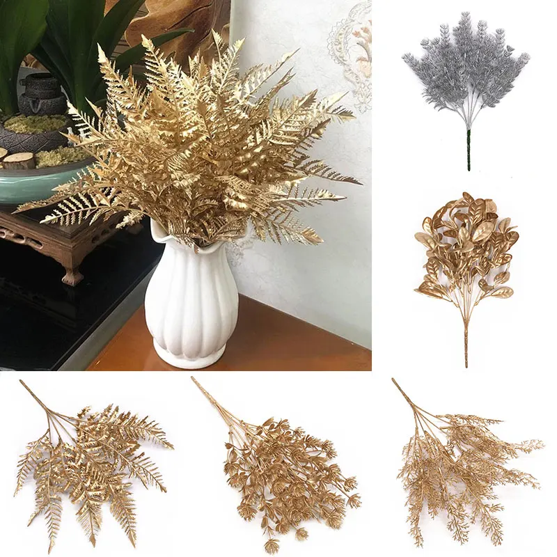 Shiny Golden Artificial Plants Gold Silver Leaf Scene Layout Christmas Wedding Decor Flower Bouquet Glitter Powder Branch Decor