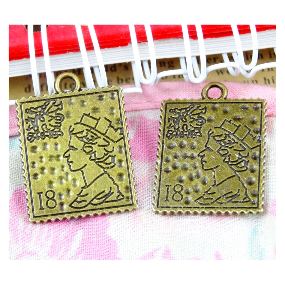 30Pcs/lot Antique Bronze Plated Girl Postage stamp Charms 25.5*18.9MM Girl Charms for Jewelry Making