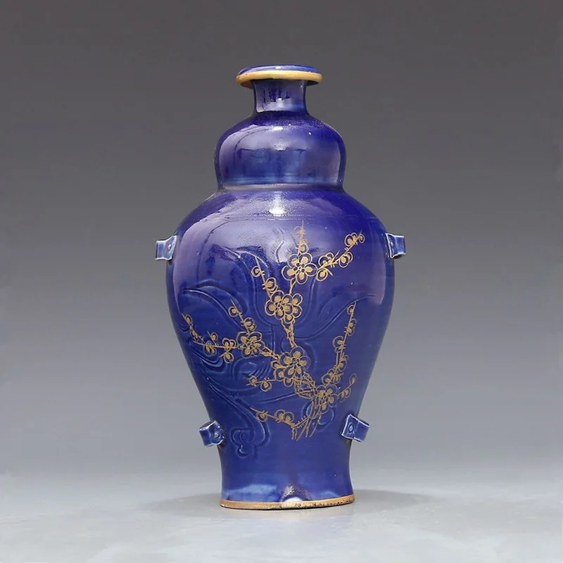 Boutique Song Ding Ware Sapphire Blue Carved Peony Pattern Gold Worn with Plum Vase Antique Porcelain Antique Porcelain