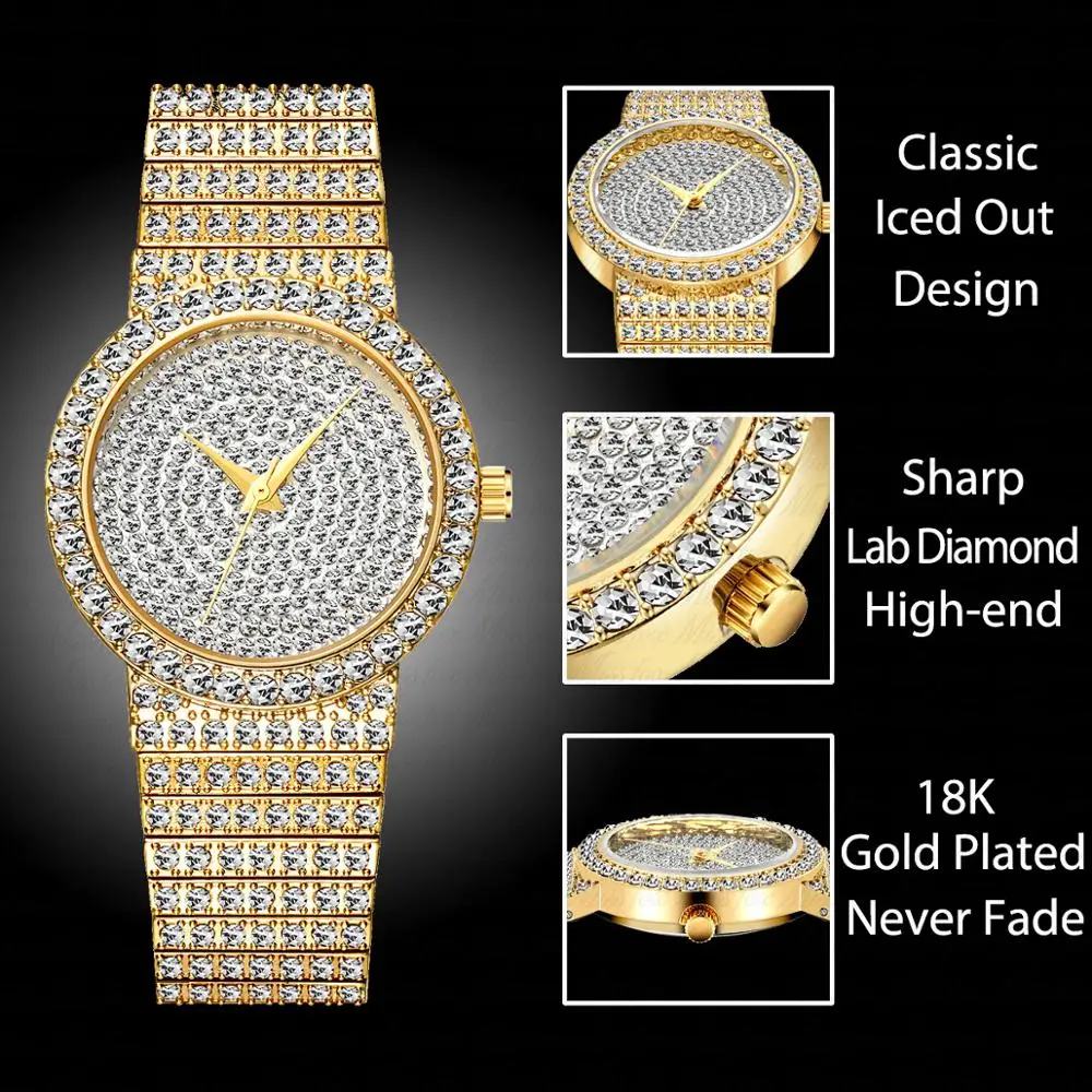 Missfox Gold Women Watches Luxury Iced Out Diamond Quartz Watch For Small Wrist Ladies 34mm Case Casual Stylish Wristwatches