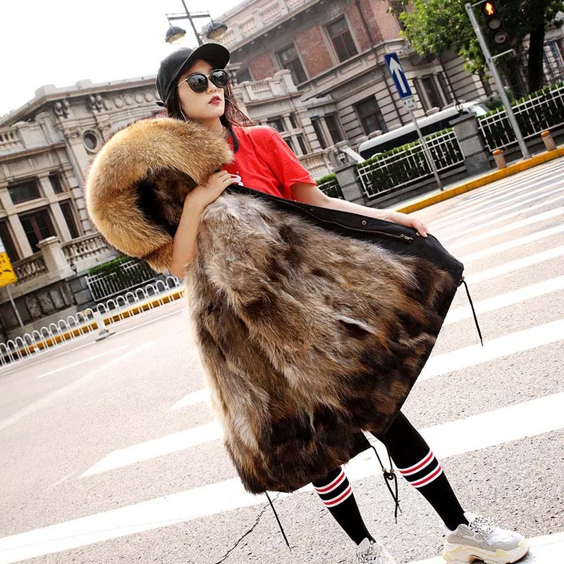 

New Winter Parka Women Real Raccoon Fur Coat Natural Fur Jacket Large Raccoon Fur Collar Hooded Outerwear Fashion Streetwear