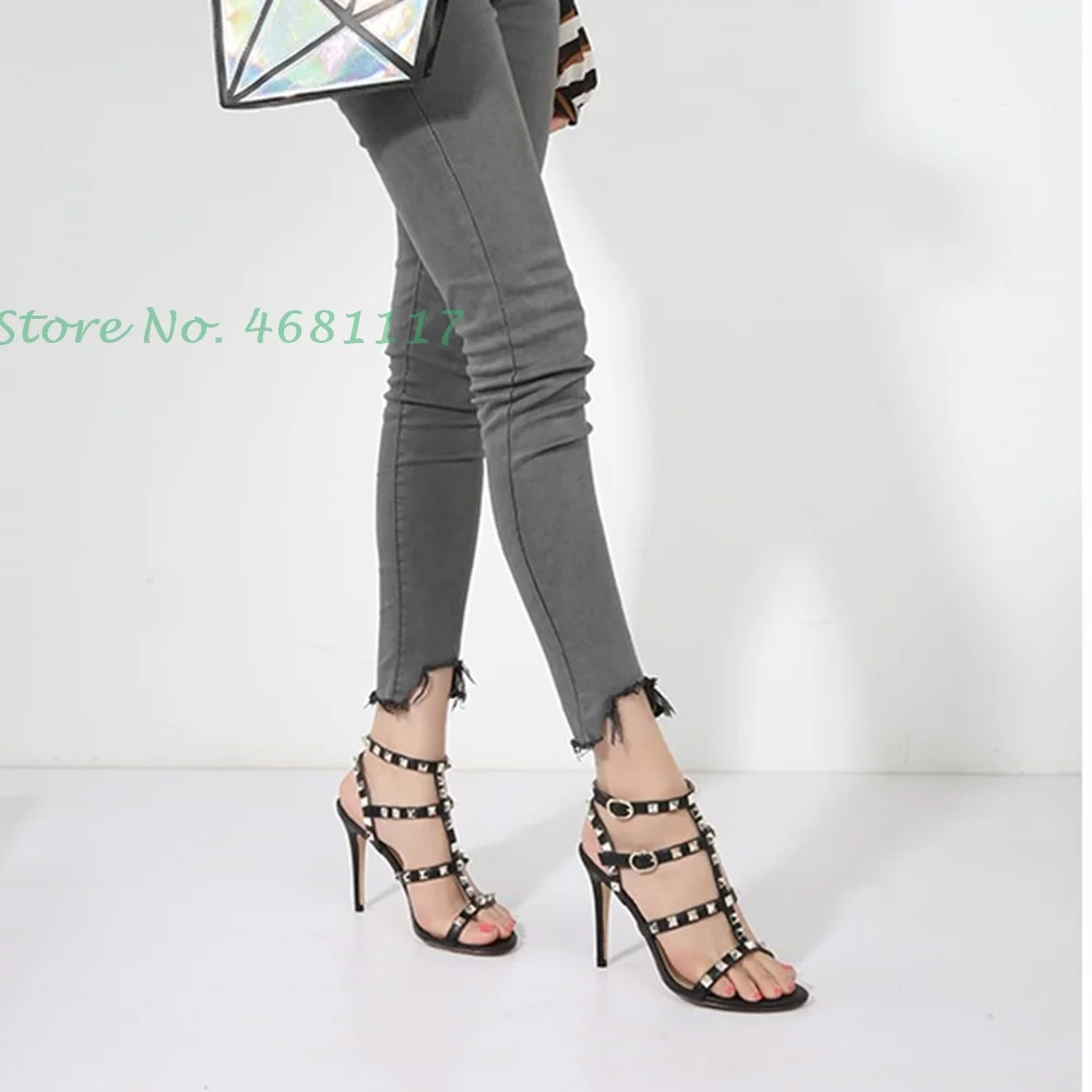 2022 Cross Tied Rivet Heeled Sandals Round Toe Buckle Strap Super High Stiletto Heel Sexy Office Ladies Designer Shoes For Women