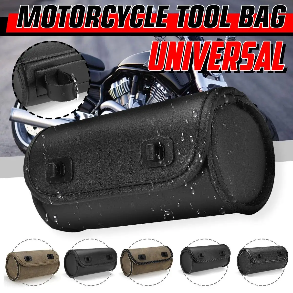 Motorcycle Fork Bag PU Leather Handlebar Tool Pouch Handle Bar Roll Storage Bag with 2 Straps For Cruiser Custom Chopper Bobber