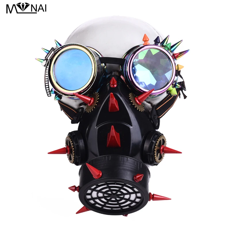 Punk Men Women Blue Long Rivets Goggles Mask Cosplay Gothic Rock Spikes Glasses With Respirator Masks Costumes Accessories