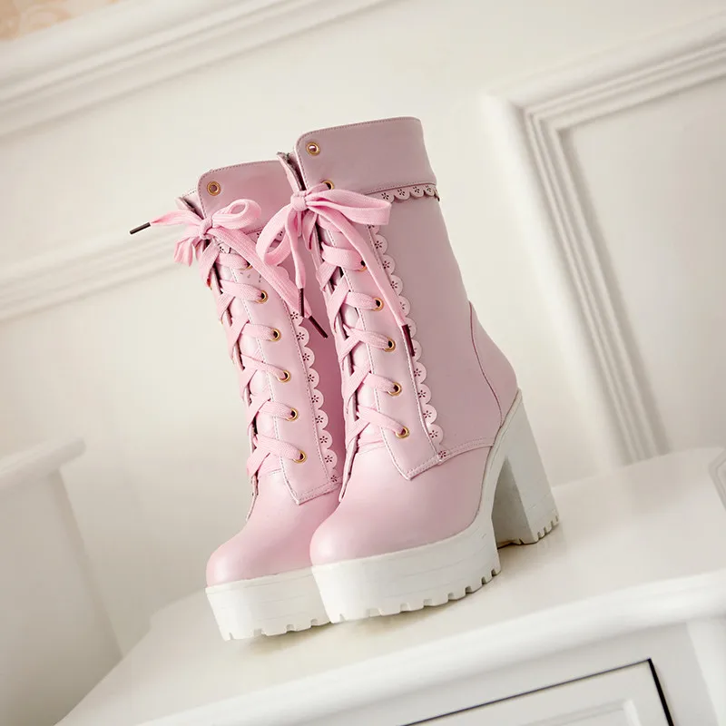 

YQBTDL Fashion Young Square Heels Booties Lace Up Platform Autumn Ankle Boots for Women Pink White Black Biker Cosplay Boot Lady