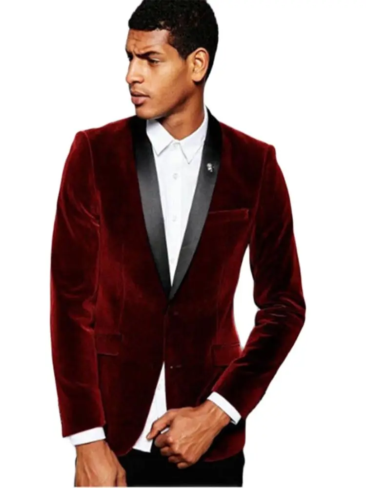 

Burgundy Velvet Men's Blazer With Black Shawl Lapel Slim Fit Wedding Suits For Man Custom Made Groomsman Tuxedos(Jacket+Pants)