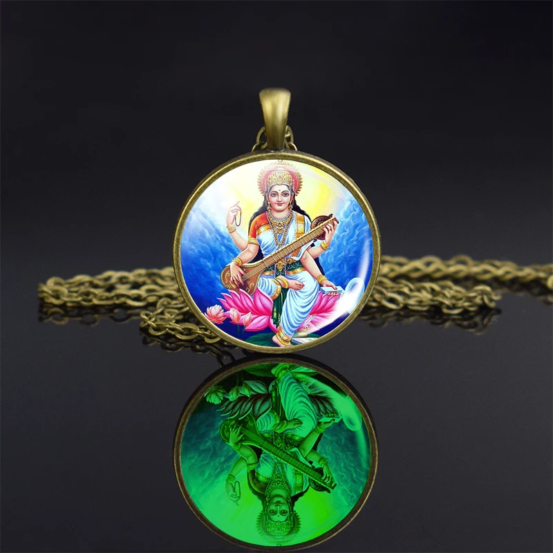 1pc Luminous Lakshmi Goddess God Ganesh Bronze Necklace Glowing Hinduism Glass Cabochon Jewelry Pendant Amulet Gift