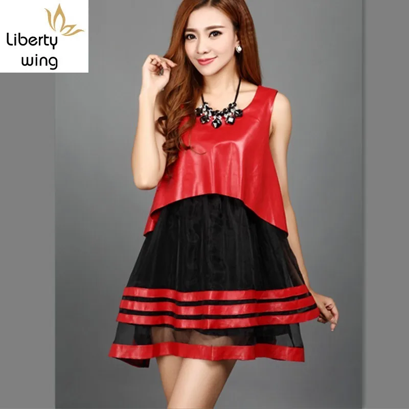 

Spring New Real Leather Chiffon Patchwork Dress Faux Two Pieces Sweet O-Neck Red Genuine Sheepskin Dresses Party Robe Femme