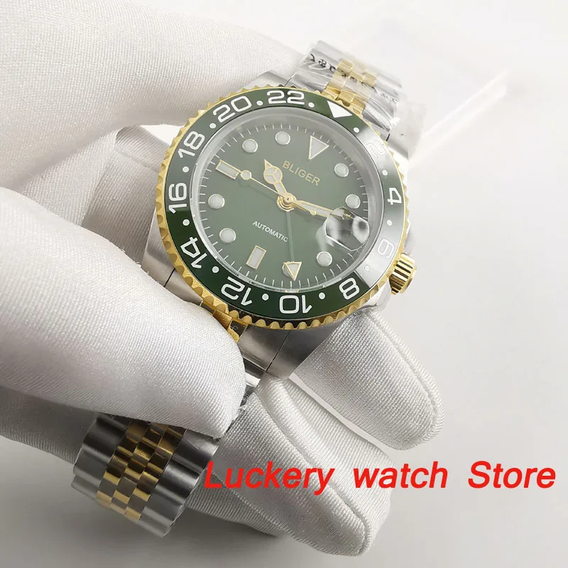 bliger 40mm GMT men's watch green dial luminous saphire glass ceramics Bezel Automatic Mechanical watch - BA213