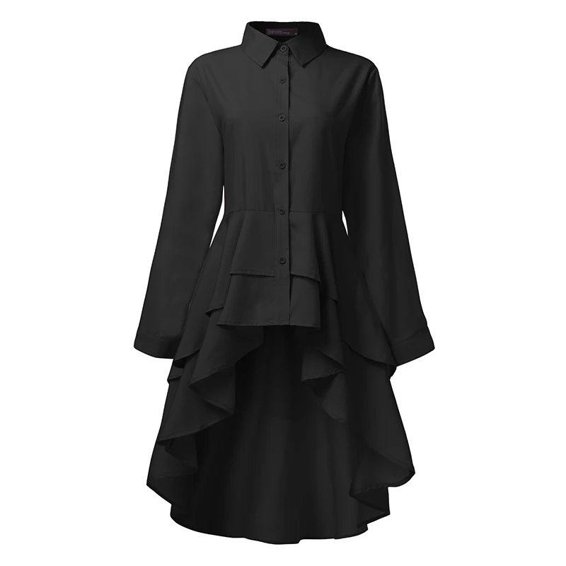 Zanzea blusa feminina com babados, blusa elegante com lapela e pescoço, camisas para mulheres, manga longa, cintura alta, assimétrica