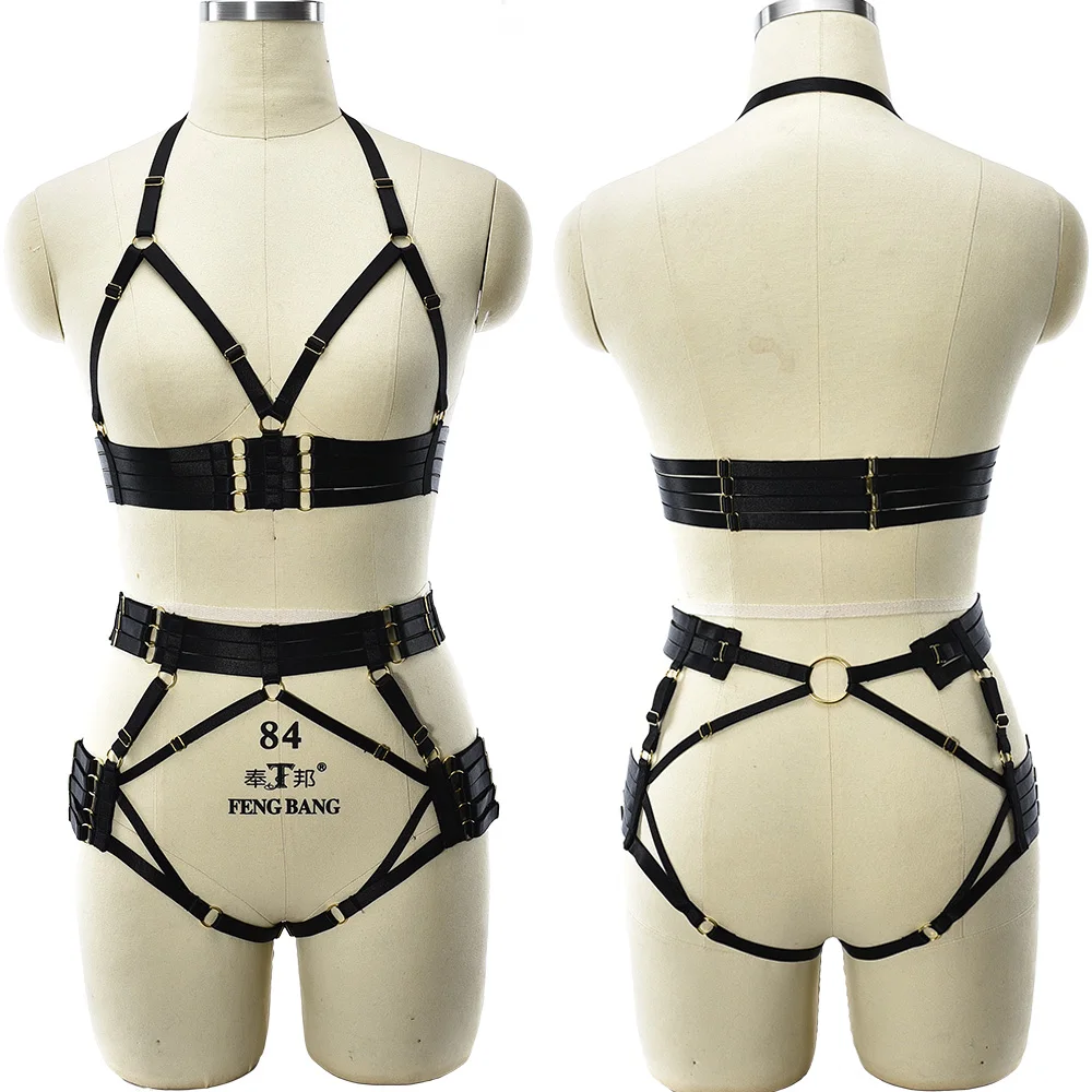 Conjunto de cinto de corpo vazado, lingerie sexy em gaiola, sutiã preto punk, body ajustável com fundo branco