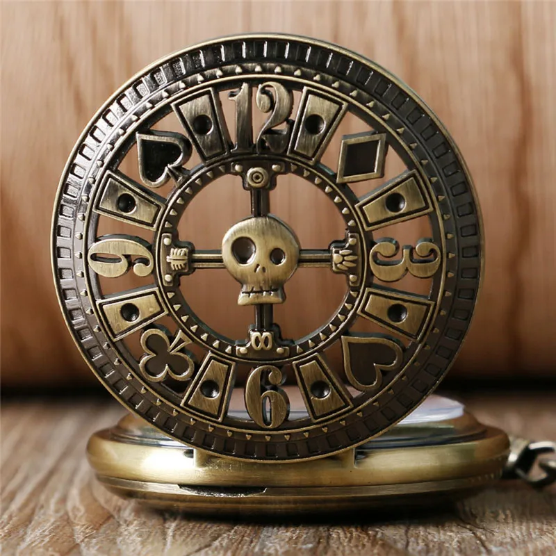 Vintage Bronze Poker Hollow Out Pocket Watch Men Women Automatic Mechanical Watches with Chain Skeleton Clock Pendant Chain Gift