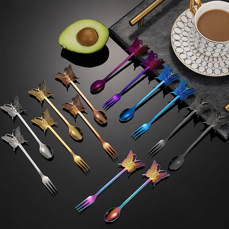 

Набор креативных кофейных ложек из нержавеющей стали 2021, в форме бабочки, для фруктов, вилки для закуски, торт фрукт вилка