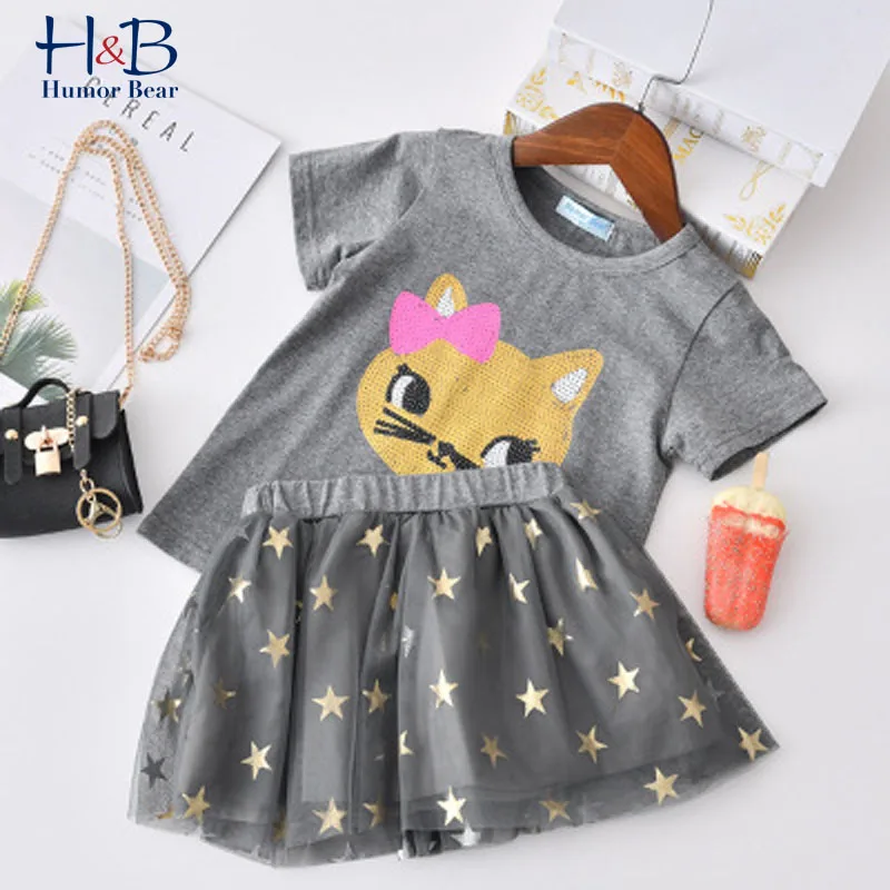 Humor Bear Girls Clothes Set Summer Short Sleeve Cartoon T-Shirt+Star Printed Skirt 2Pcs Kids Outfit