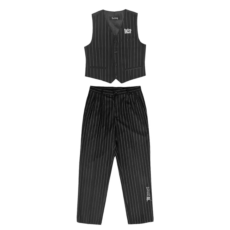 Popping Dance performance suit men Hip Hop suit locking vest machine dance Clothing street dance Stage suits Vest + pants + Tie