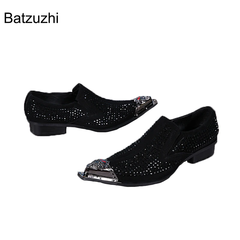 Batzuzhi Luxury Design Black/Red Rhinestone Leather Dress Shoes Men Pointed Iron Toe Men's Shoes for Party and Wedding Male!