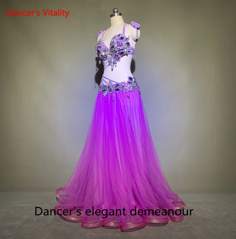 Belly Dance Performance Cothing Set for Women Bellydance Suit Hand Made Bra+belt+chiffon Skirt High-End Custom Dance Wear Clothe