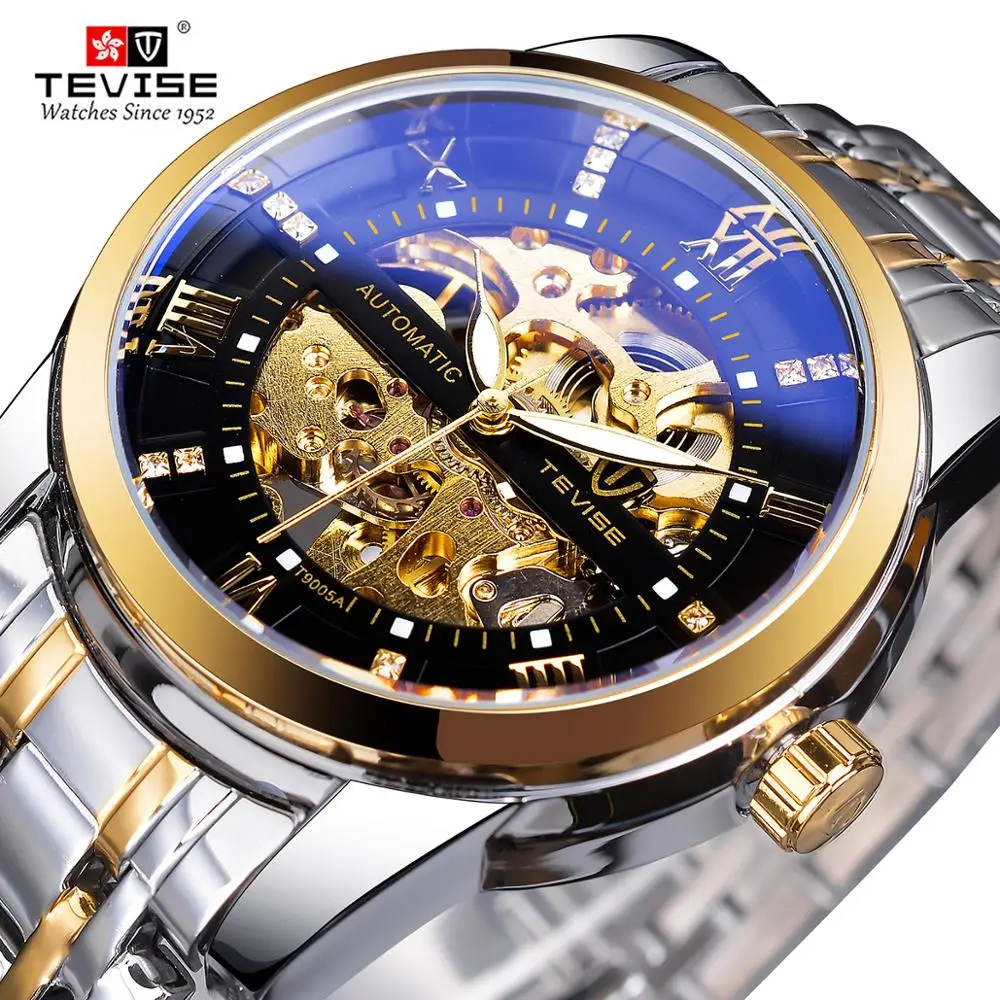 

TEVISE Retro Design Black Gold Royal Diamond Luxury Blue Glass Steel The Mens' Automatic Mechanical Wrist Watch Top Brand Luxury