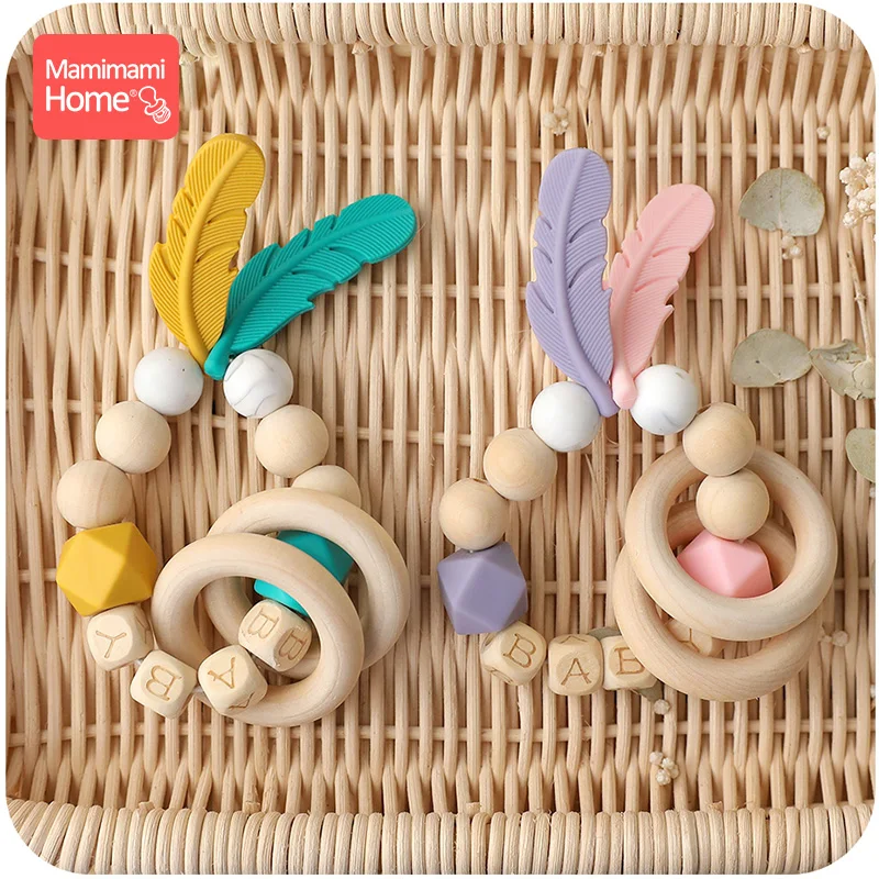 1pc Baby Teether Rattle Silicone Beads Feather Wooden Teether Tiny Rod Baby Mobile Toy BPA Free Customize Silicone Teething Toys