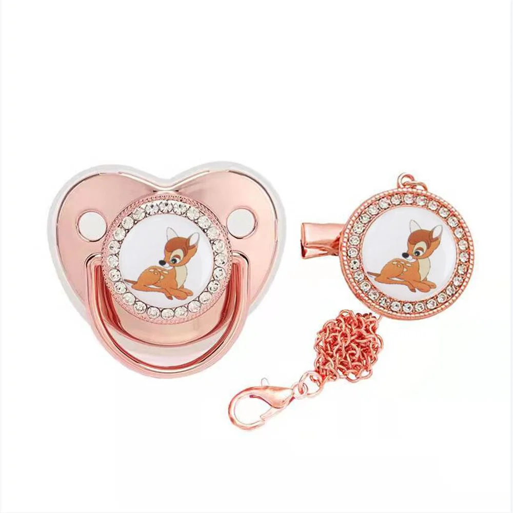 [ 1 Set ] Disney Bling Bling Golden Bambi Pacifiers for Kids Infant Lollipop Dummy with  Pacifiers Clips Chains Silicone Teether