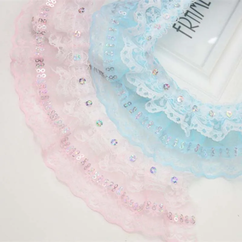 41Yds Sequins Bling Ruffle Pleated Chiffon Lace Fabric 5.5cm Trim Ribbon for Dress Headbands Sewing Garment Accessory